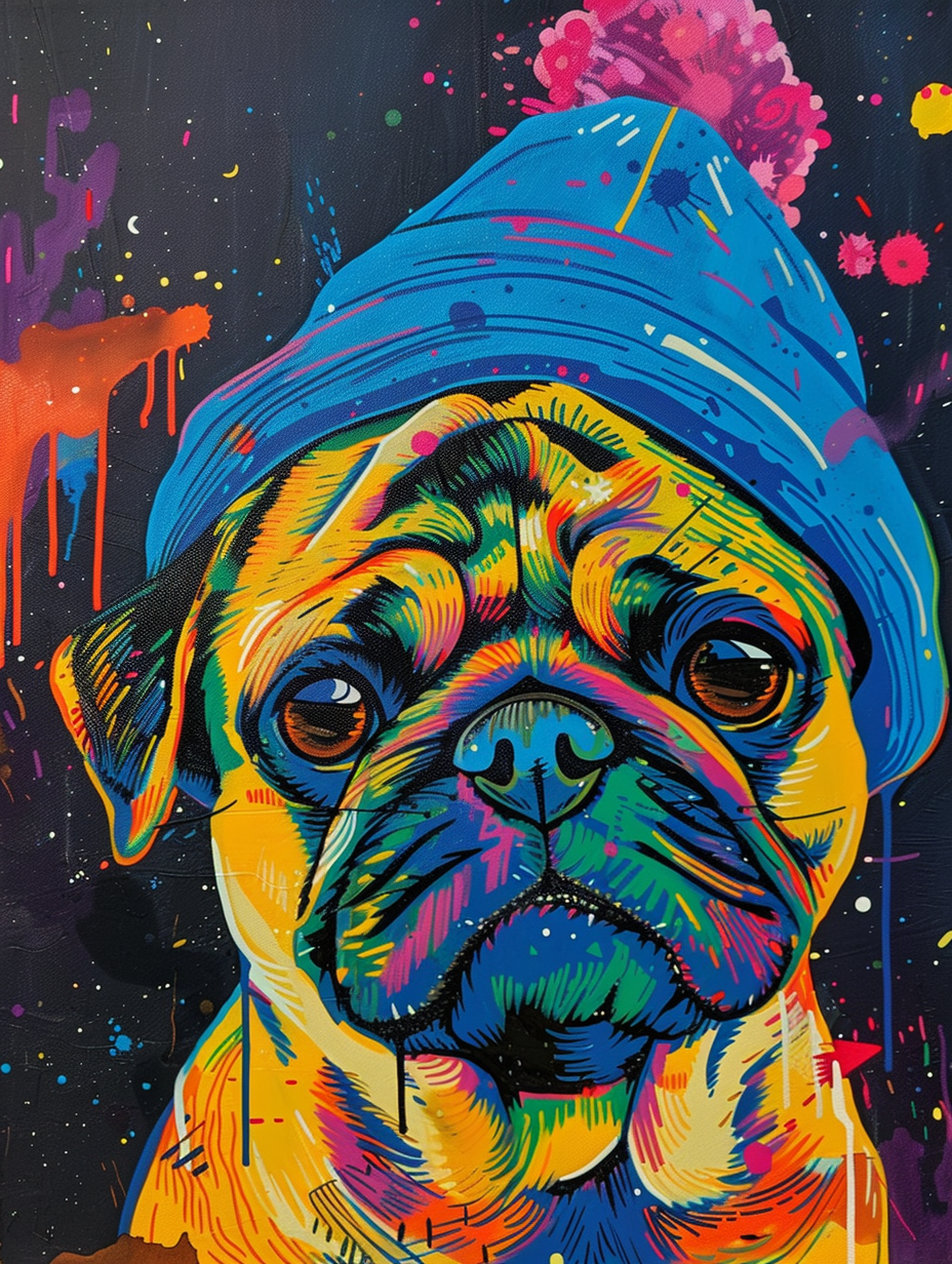Colorful space Pug dog with a hat Expressive surreal Poster # F025124
