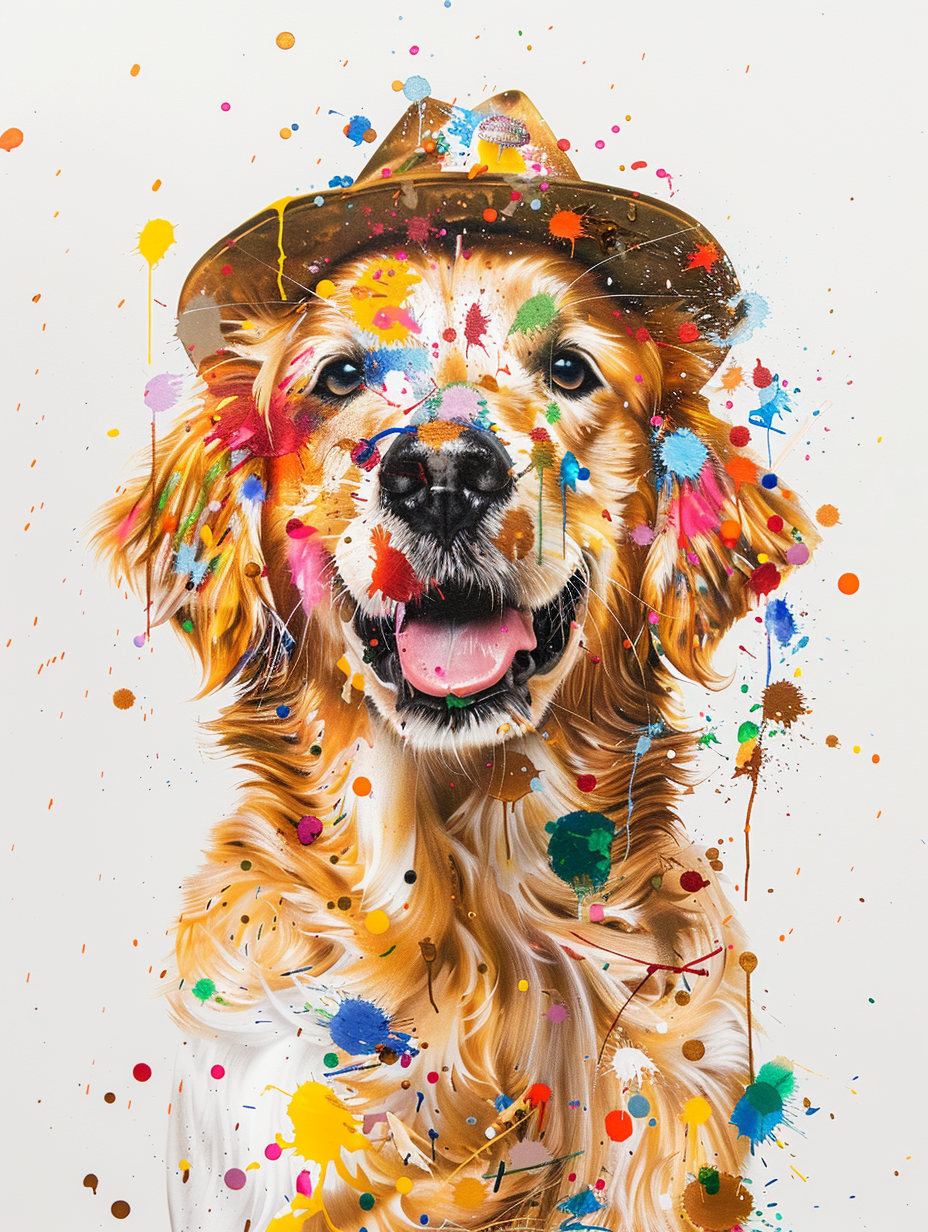 colorful space Golden Retriever dog with a hat Expressive surreal Poster # F025054