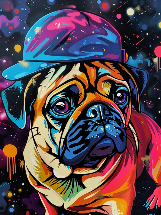 Colorful space Pug dog with a hat by Hebru Brantle Expressive surreal Poster # F024575