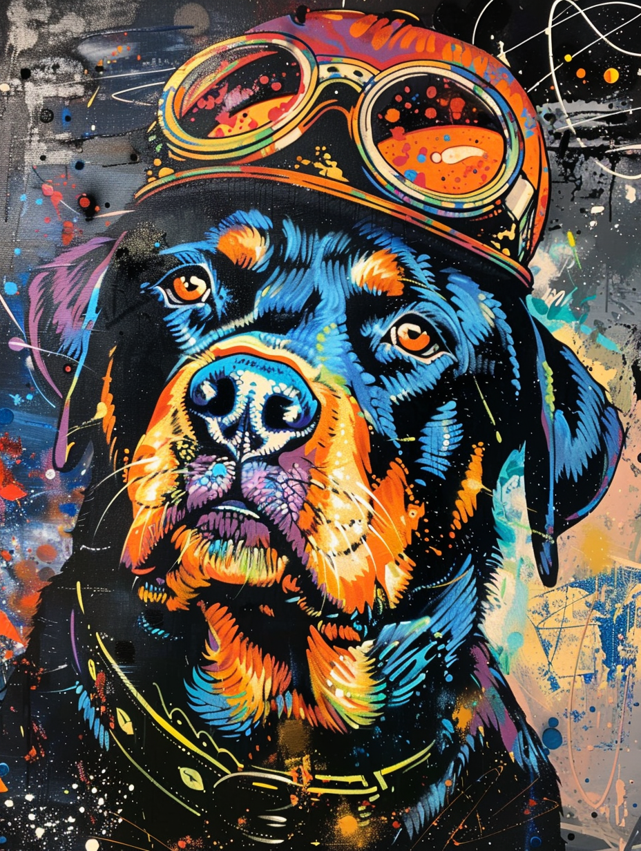 Colorful space Rottweiler dog with a hat Expressive surreal Poster # F025451