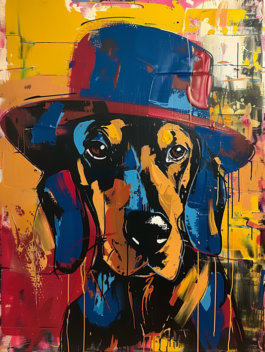Colorful space Dachshund dog with a hat Expressive surreal Poster # F024962