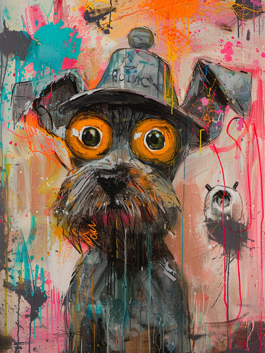 Colorful space Miniature Schnauzer dog with a hat Expressive surreal Poster # F025172