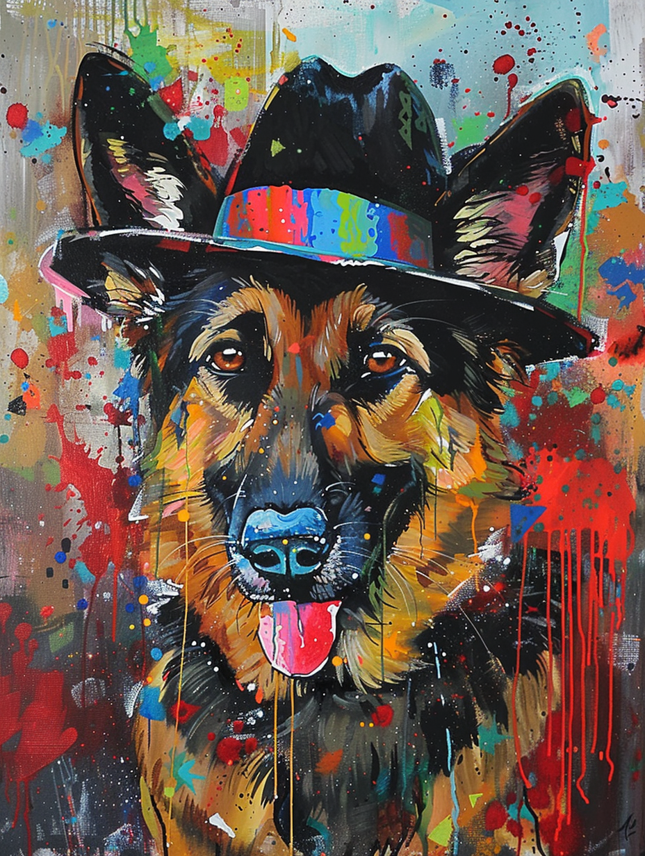 colorful space German Shepherd dog with a hat Expressive surreal Poster # F025585