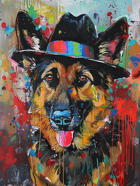colorful space German Shepherd dog with a hat Expressive surreal Poster # F025585