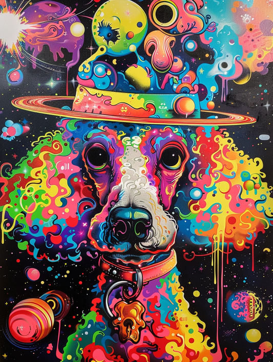 Colorful space Poodle dog with a hat Expressive surreal Poster # F025622