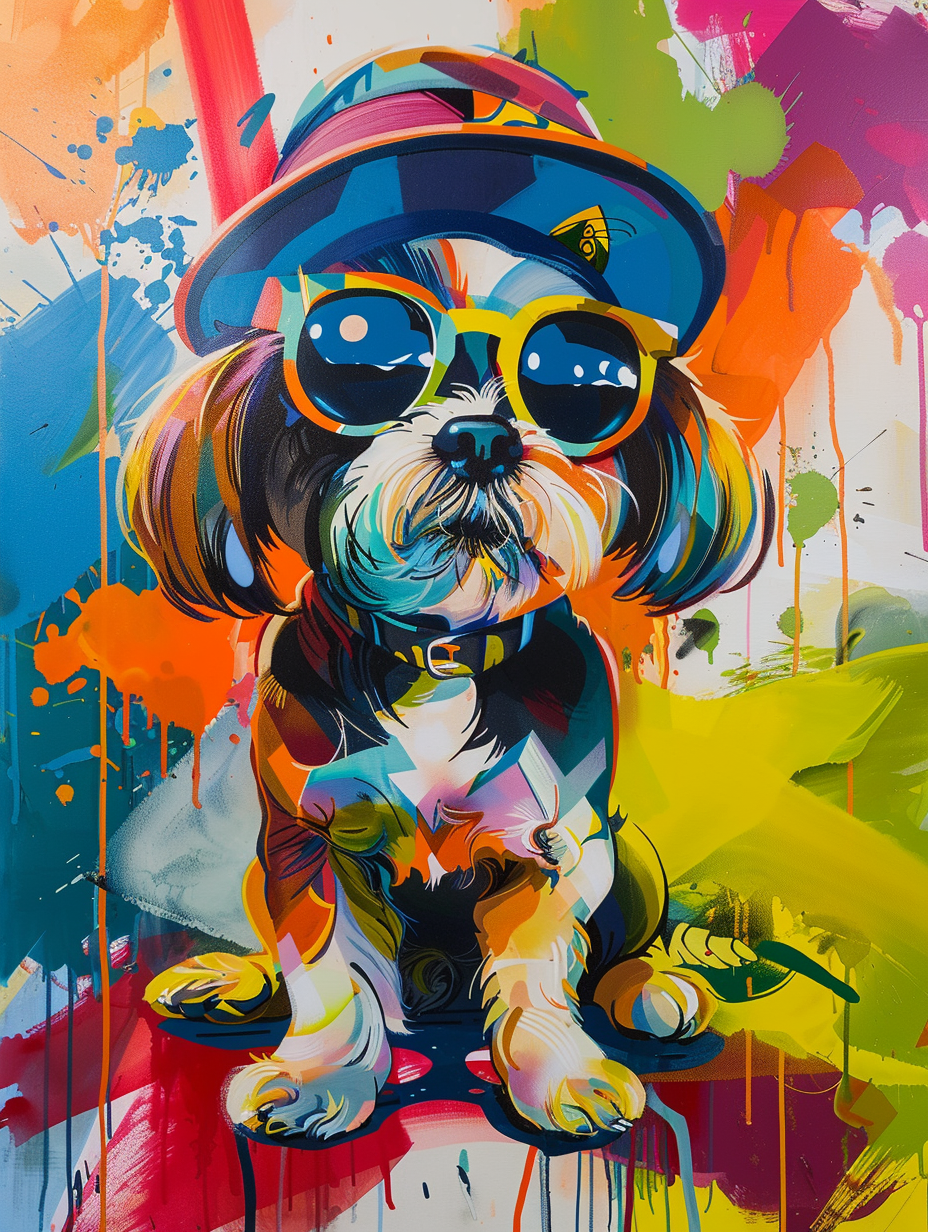 Colorful space Shih Tzu dog with a hat Expressive surreal Poster # F024435