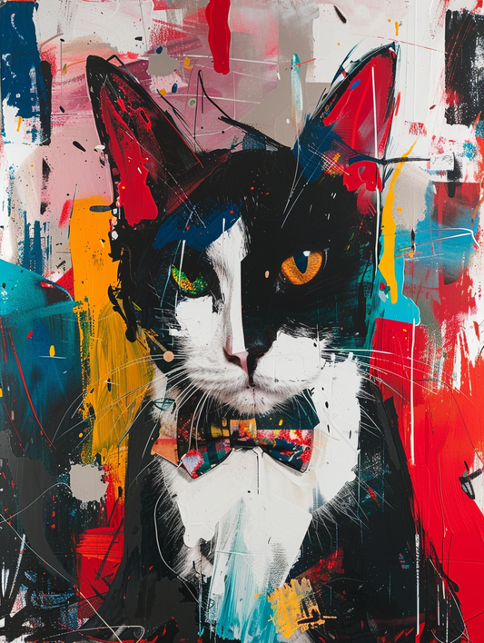 Colorful space Ragdoll cat with a bow tie Expressive surreal Poster # F024716