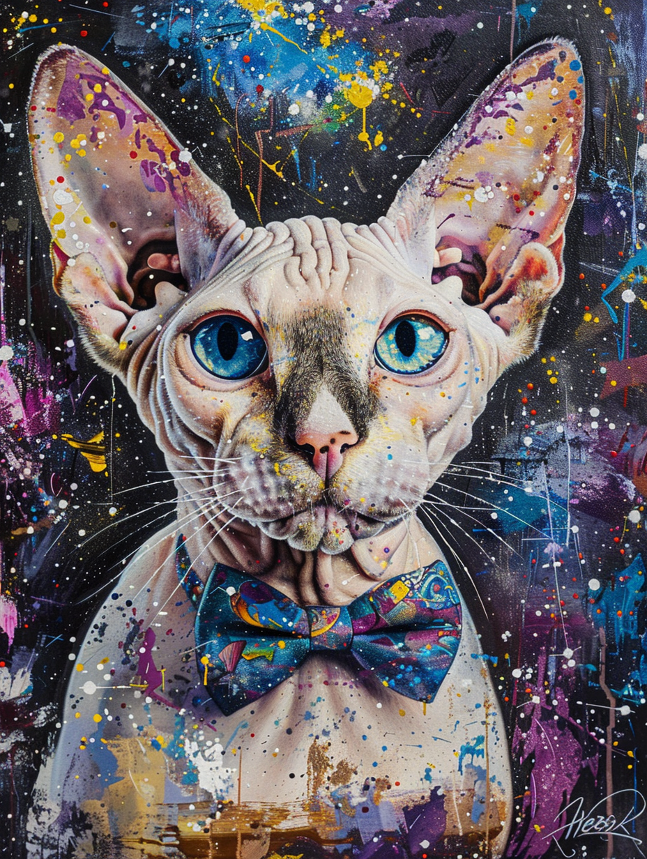 Colorful space Cornish Rex cat with a bow tie Expressive surreal Poster # F024310
