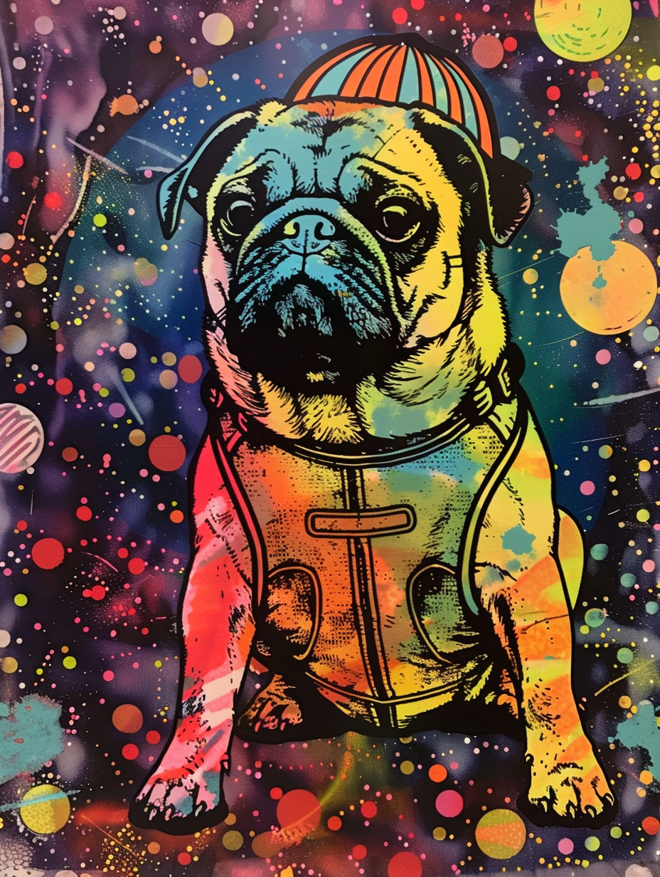 Colorful space Pug dog with a hat Expressive surreal Poster # F025132