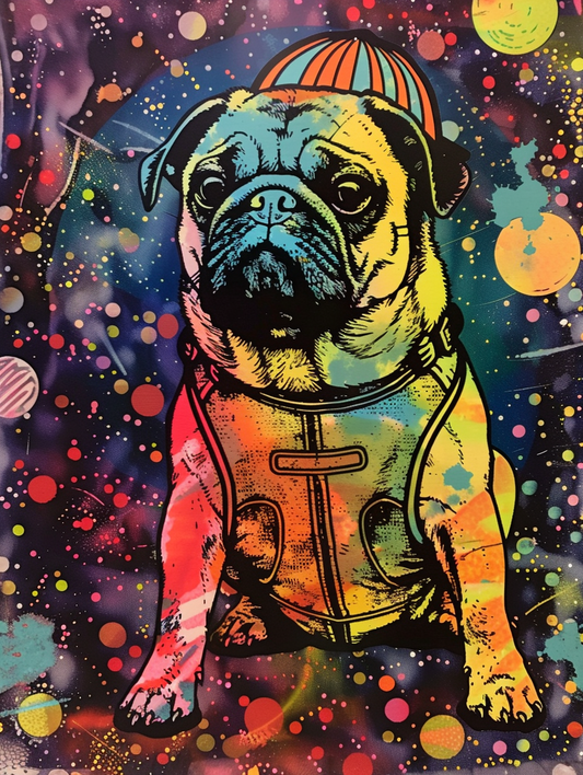 Colorful space Pug dog with a hat Expressive surreal Poster # F025132