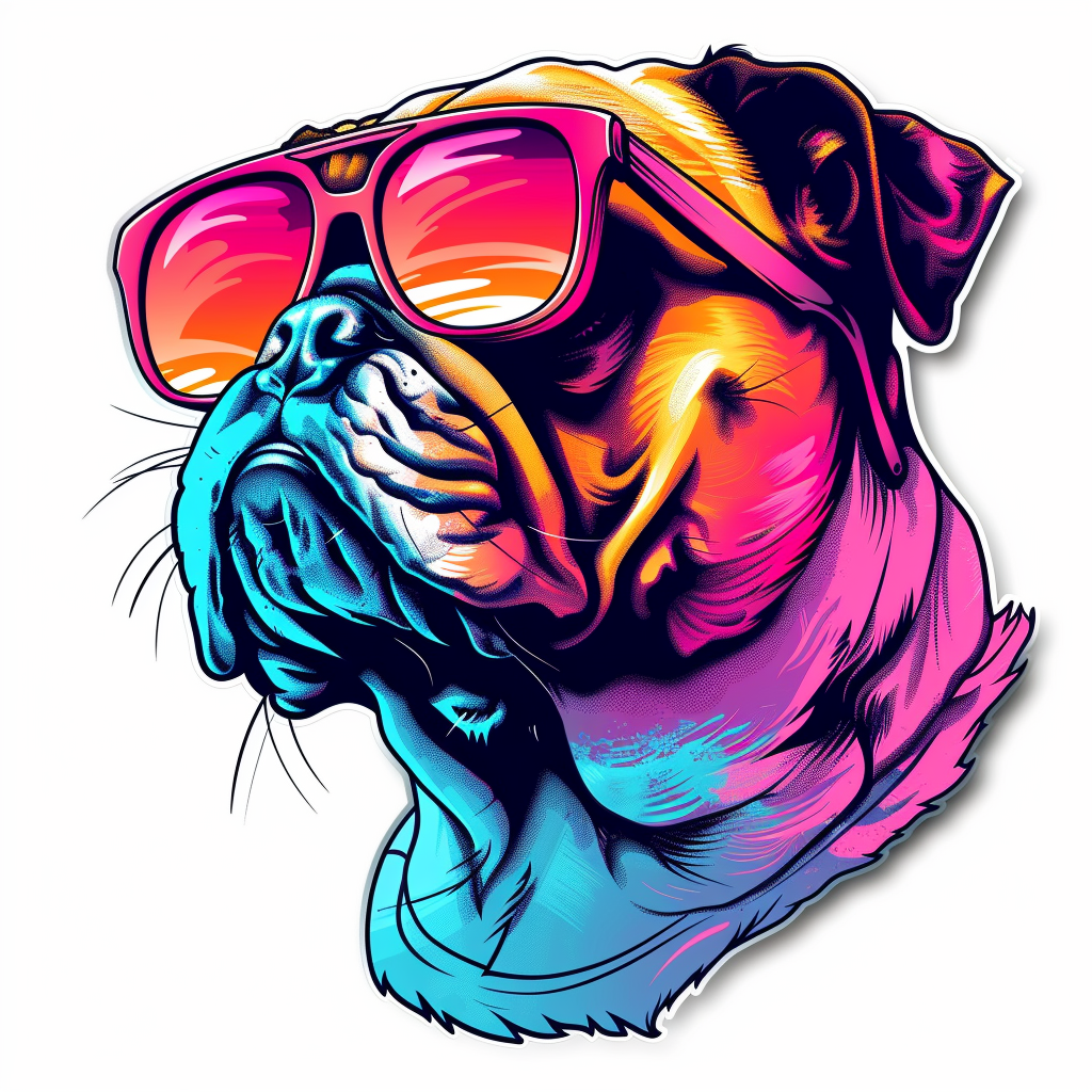 Bulldog Cool Neon Party in sunglasses Expressive surreal Vinyl Decal Sticker for Car, Laptop, Tumbler and more # F018057