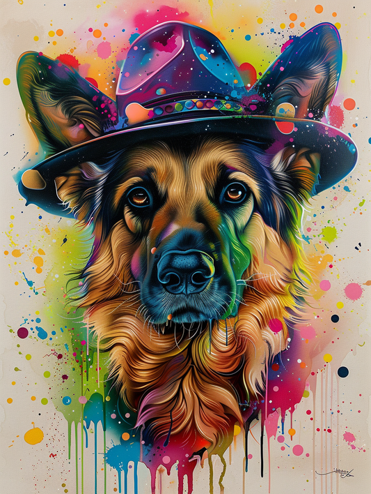 Colorful space German Shepherd dog with a hat Expressive surreal Poster # F025024