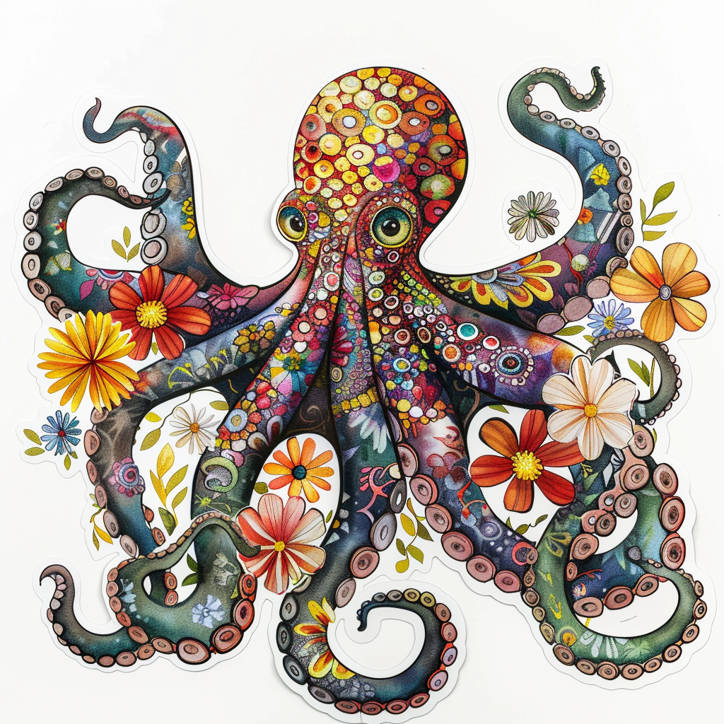 Octopus floral majestic Expressive surreal Vinyl Decal Sticker for Car, Laptop, Tumbler and more # F015535-16" x 16"