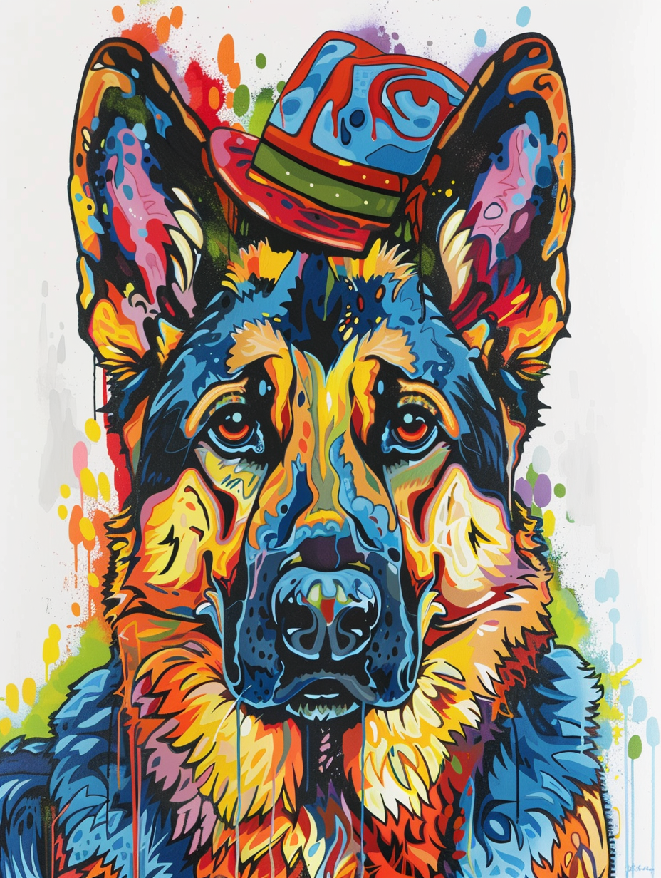 colorful space German Shepherd dog with a hat Expressive surreal Poster # F025604