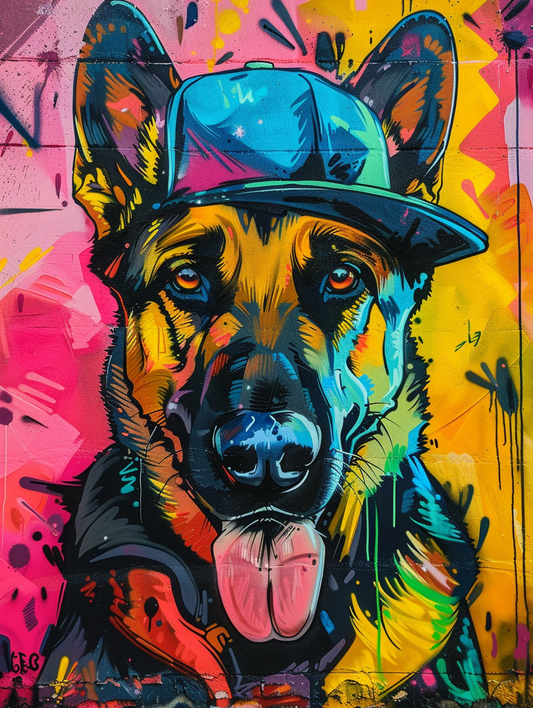colorful space German Shepherd dog with a hat Expressive surreal Poster # F025583