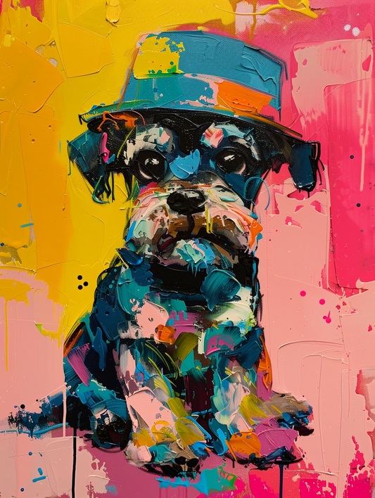 Colorful space Miniature Schnauzer dog with a hat - Expressive surreal Poster # F024480