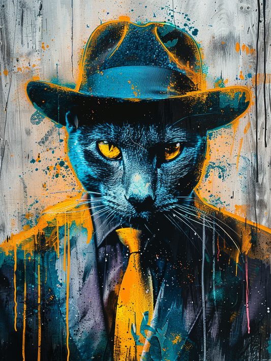 colorful space Russian Blue cat with a hat Expressive surreal Poster # F025218