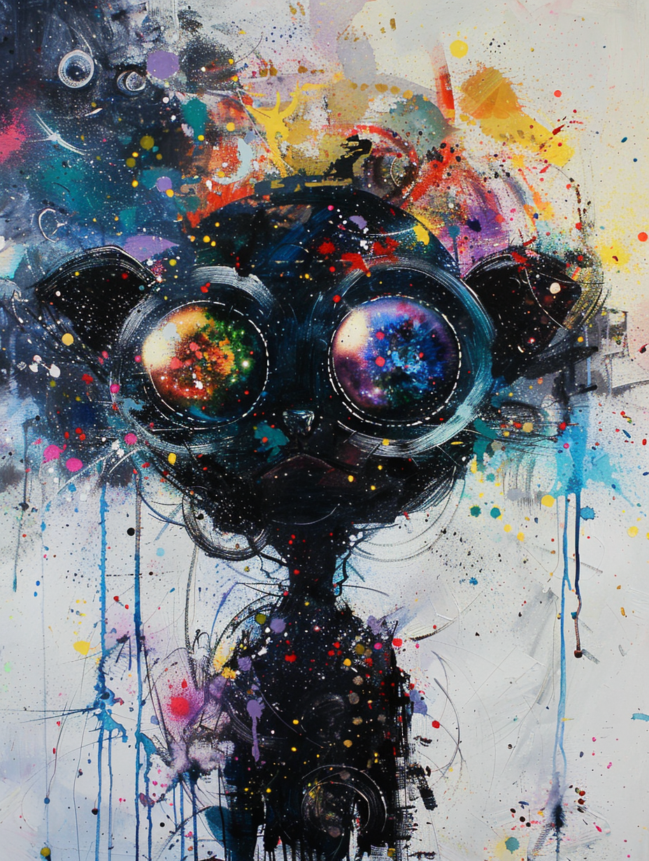 Colorful space Pug dog with a hat by Hebru Brantle Expressive surreal Poster # F024551