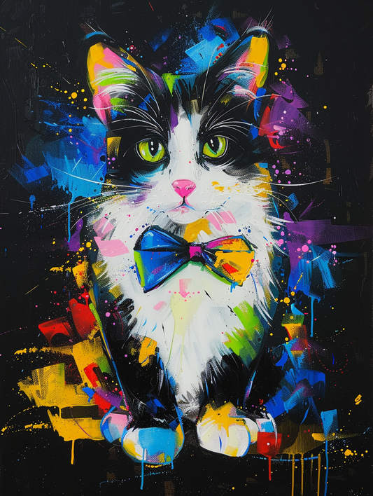 Colorful space Norwegian Forest Cat cat with a bow Expressive surreal Poster # F024372