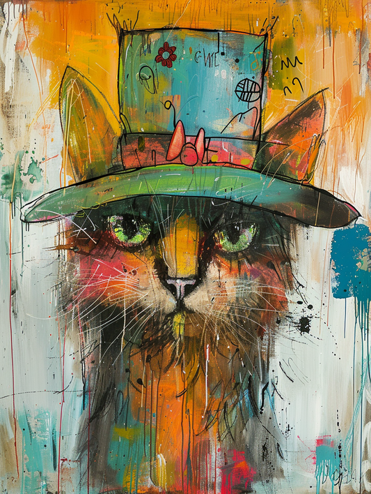 Colorful space Norwegian Forest Cat cat with a hat Expressive surreal Poster # F025351