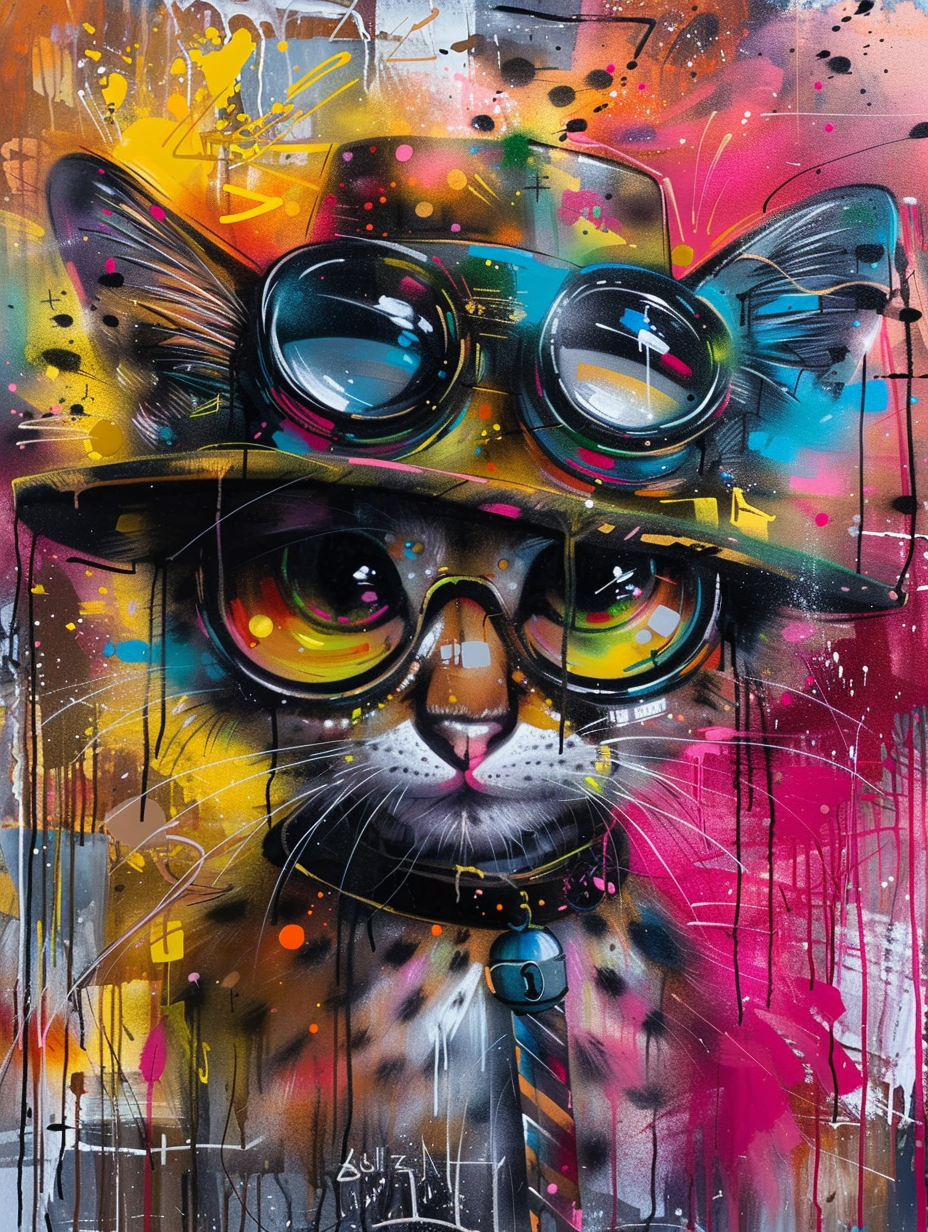 Colorful space Savannah cat with a hat Expressive surreal Poster # F025217