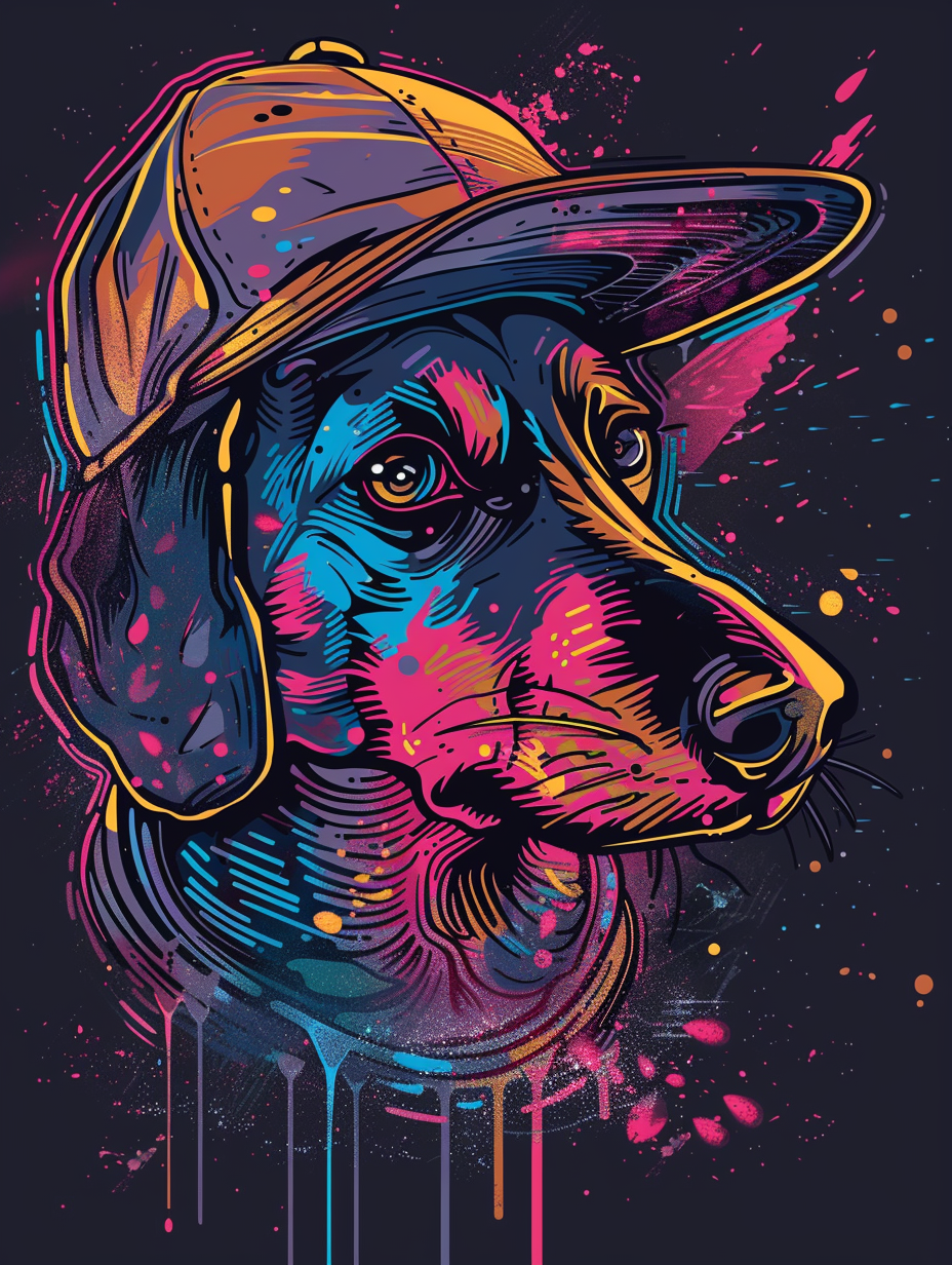 Colorful space Dachshund dog with a hat Expressive surreal Poster # F025104