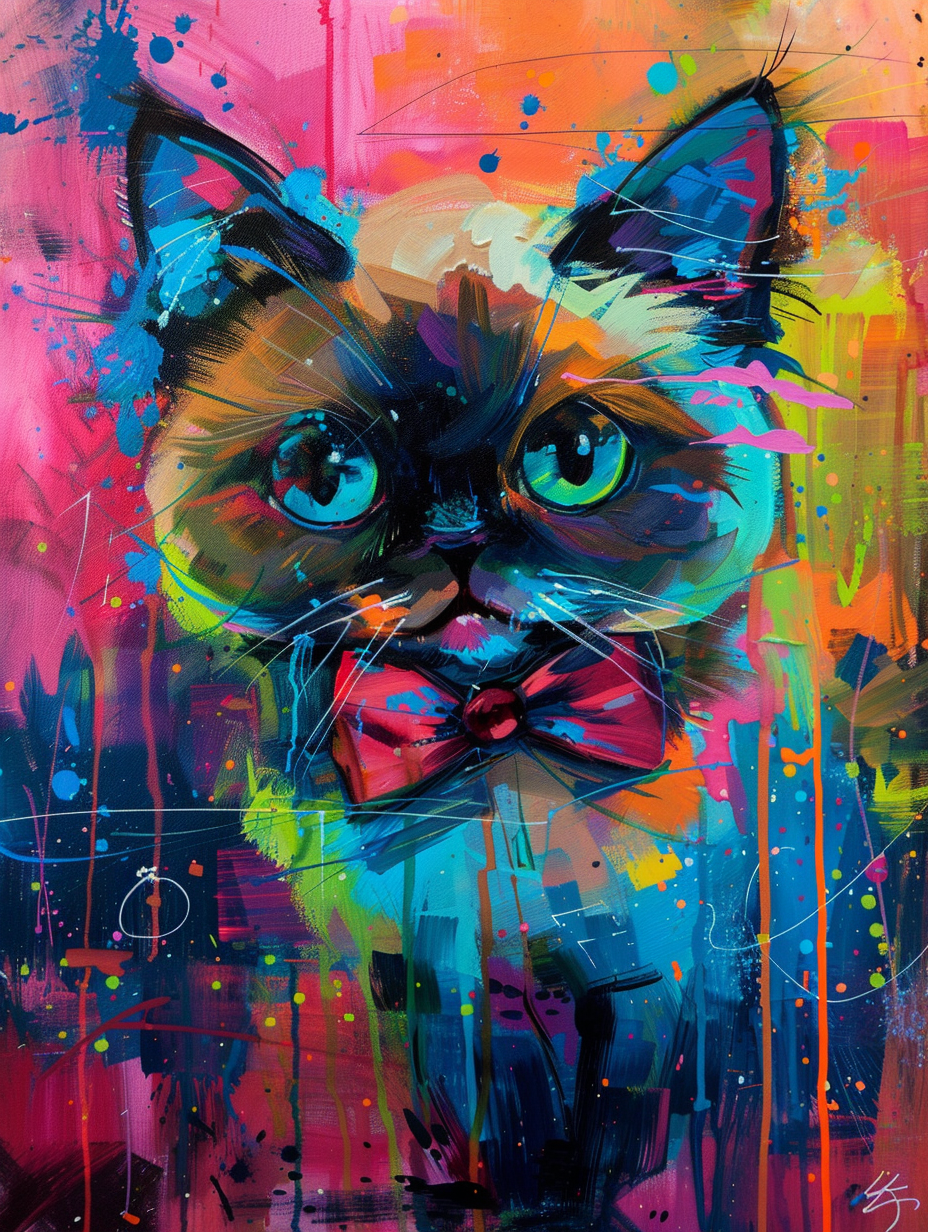 Colorful space Himalayan cat with a bow tie Expressive surreal Poster # F024290
