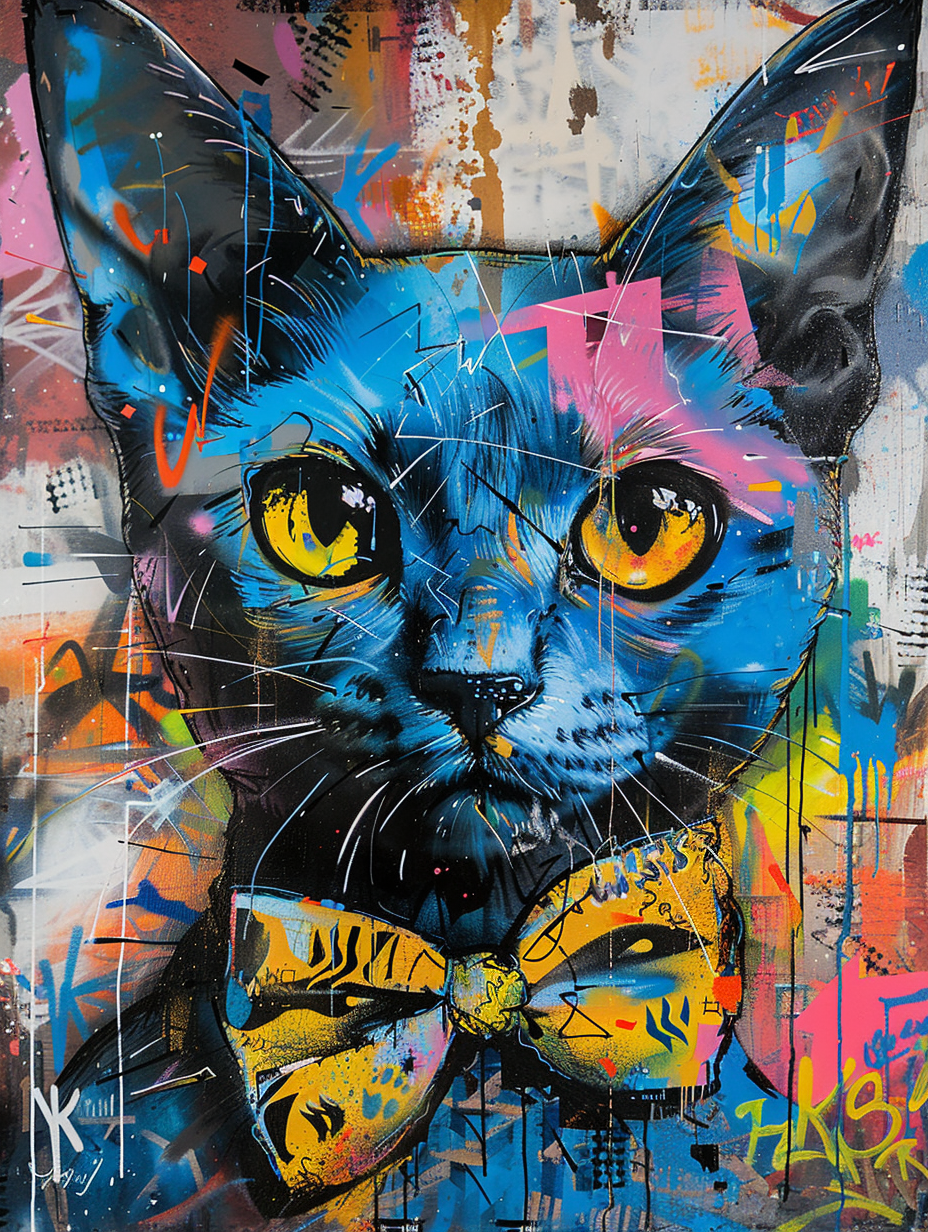Colorful space Russian Blue cat with a bow tie Expressive surreal Poster # F024323