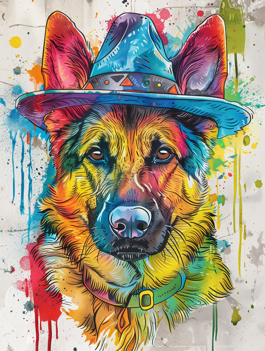 colorful space German Shepherd dog with a hat Expressive surreal Poster # F025516
