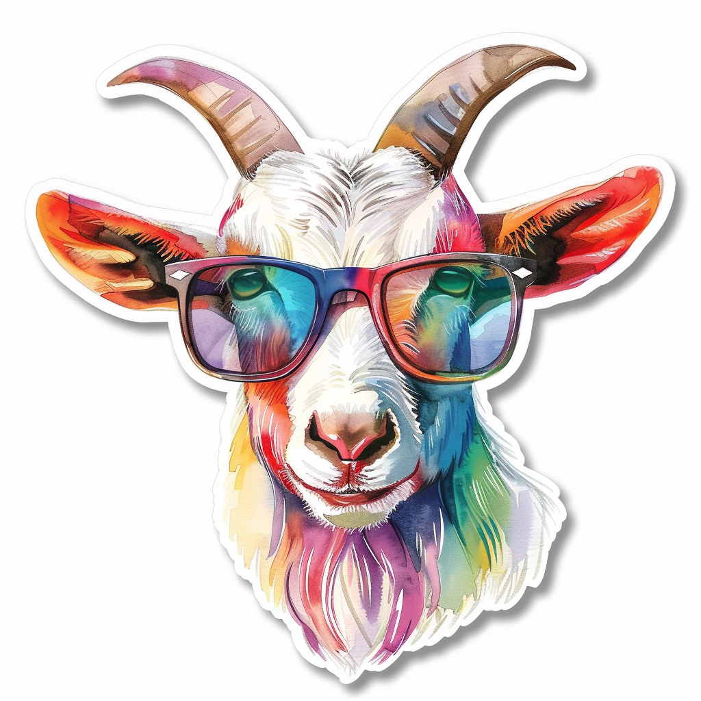 Goat wearing sunglasses Expressive surreal Vinyl Decal Sticker for Car, Laptop, Tumbler and more # F020408-4" x 4"