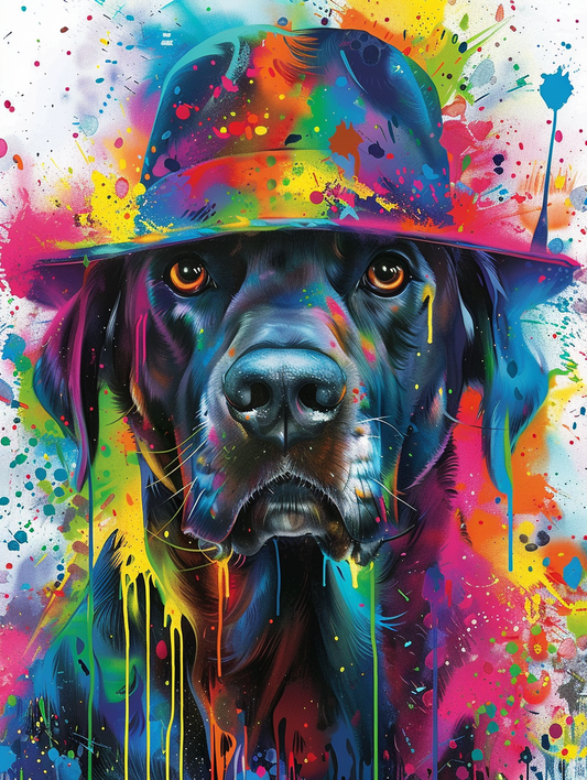 colorful space Labrador Retriever dog with a hat Expressive surreal Poster # F025577