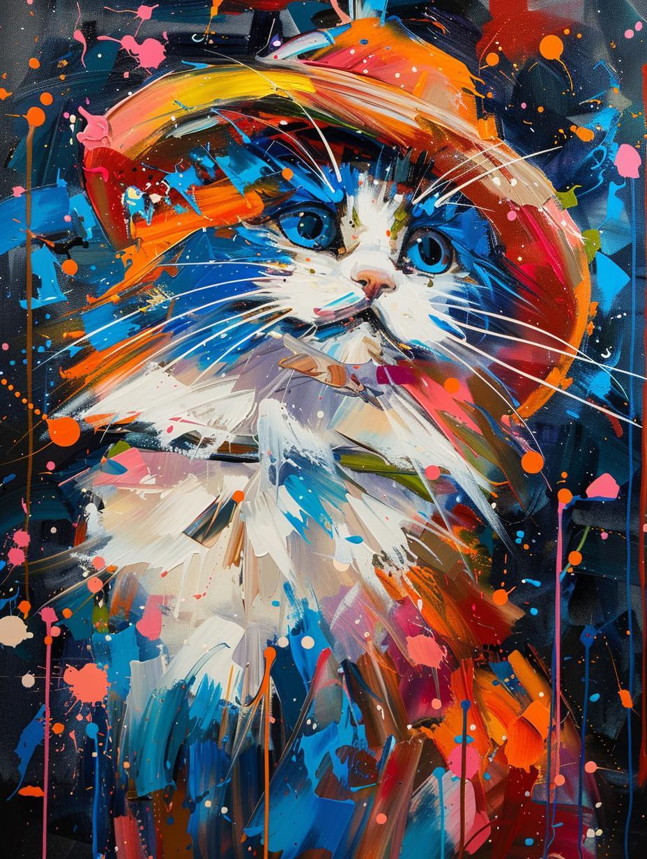 Colorful space Persian cat with a hat Expressive surreal Poster # F025347