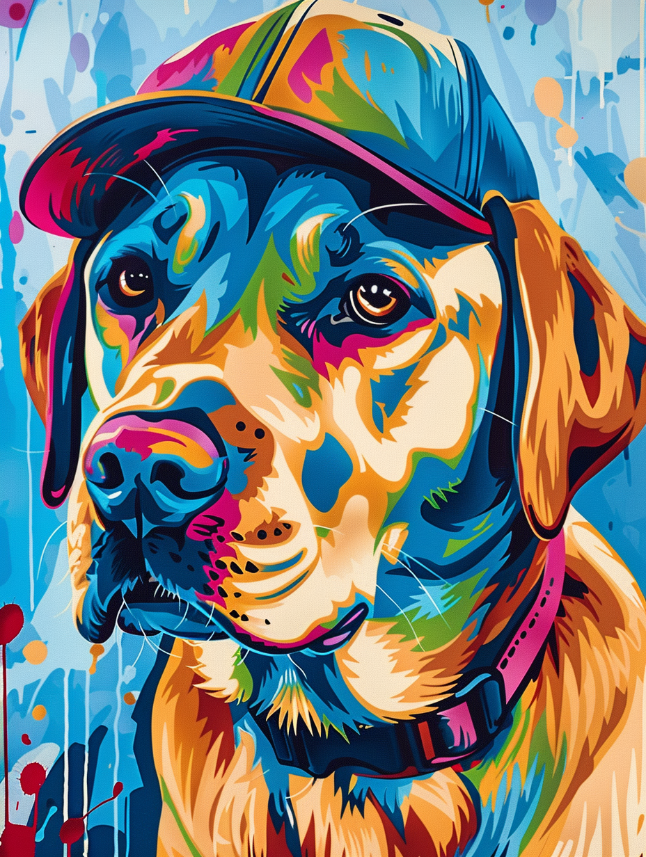 colorful space Labrador Retriever dog with a hat Expressive surreal Poster # F025036