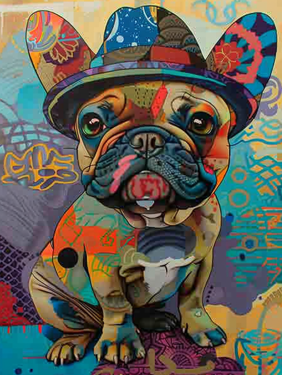 Colorful space French Bulldog dog with a hat Expressive surreal Poster # F024492