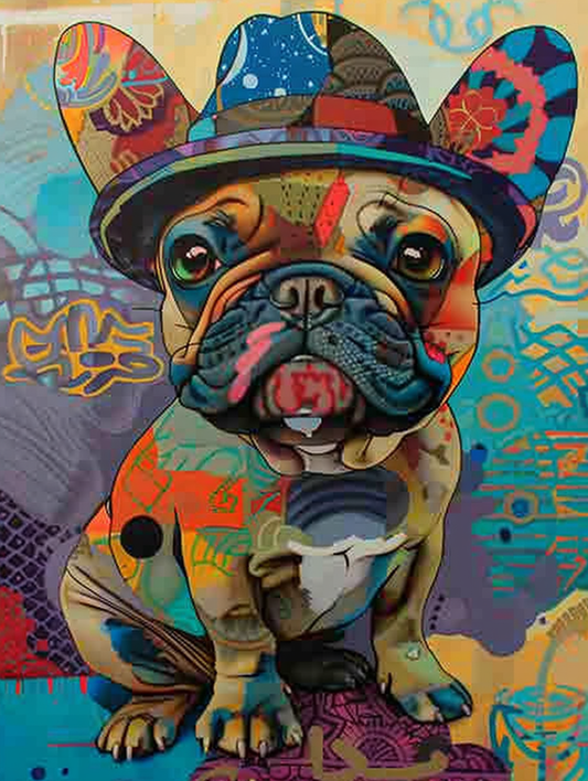 Colorful space French Bulldog dog with a hat Expressive surreal Poster # F024492