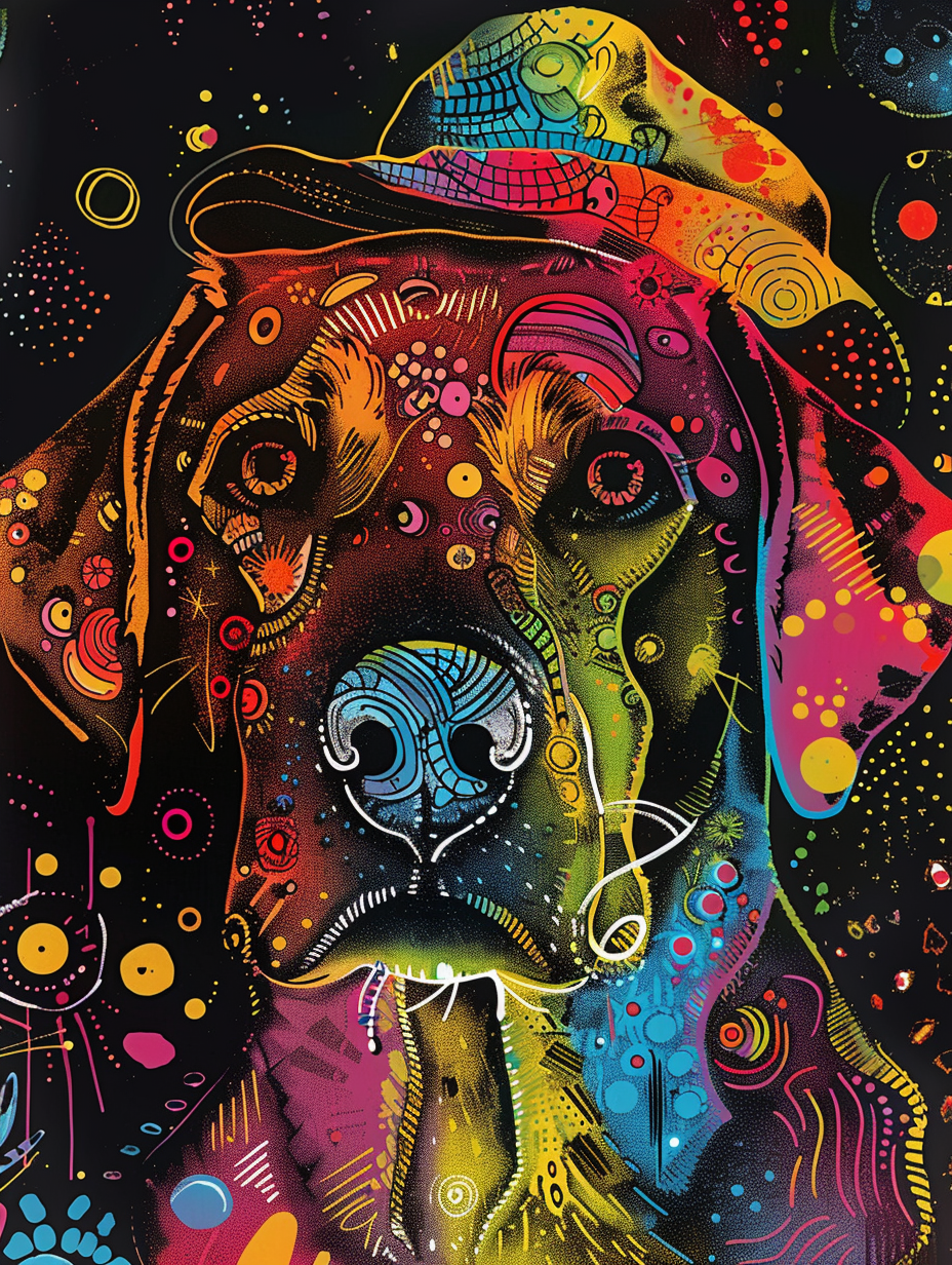 colorful space Labrador Retriever dog with a hat Expressive surreal Poster # F025522