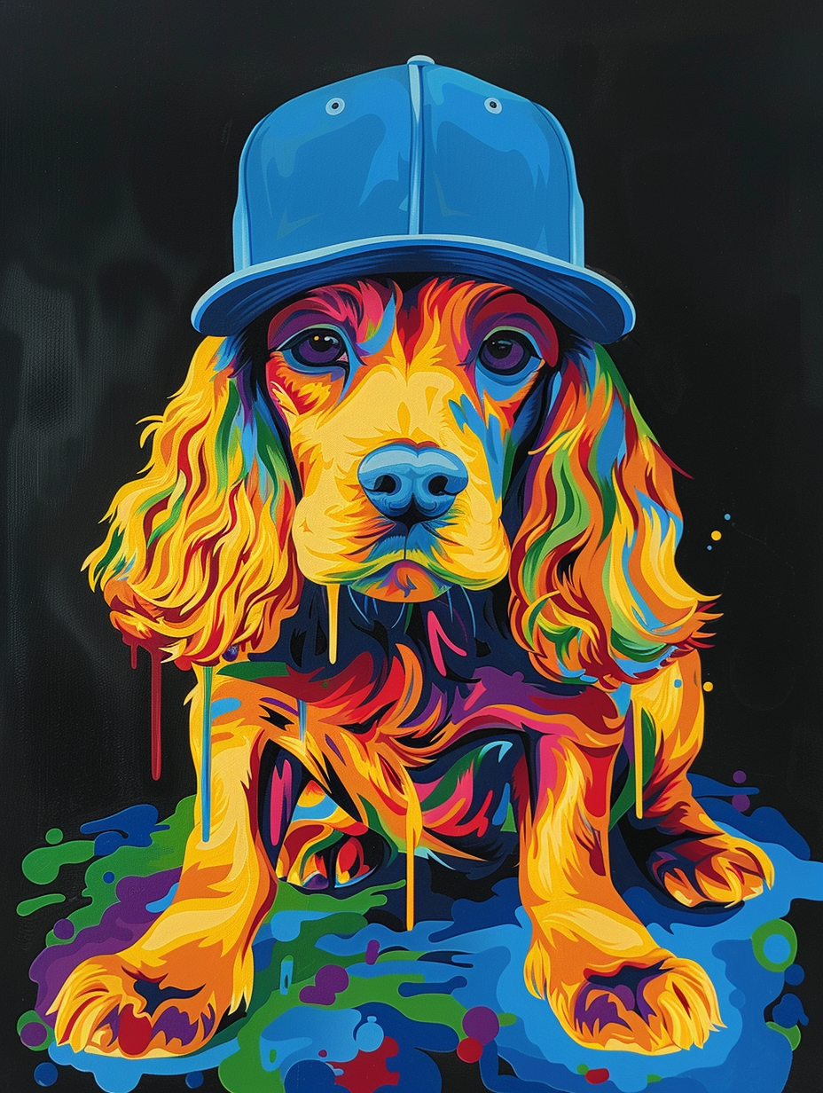 Colorful space Cocker Spaniel dog with a hat Expressive surreal Poster # F024968