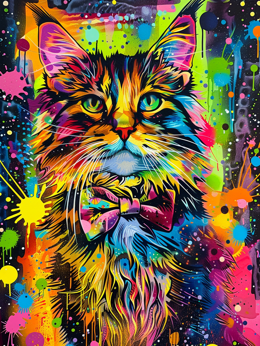Colorful space Maine Coon cat with a bow tie Expressive surreal Poster # F024682