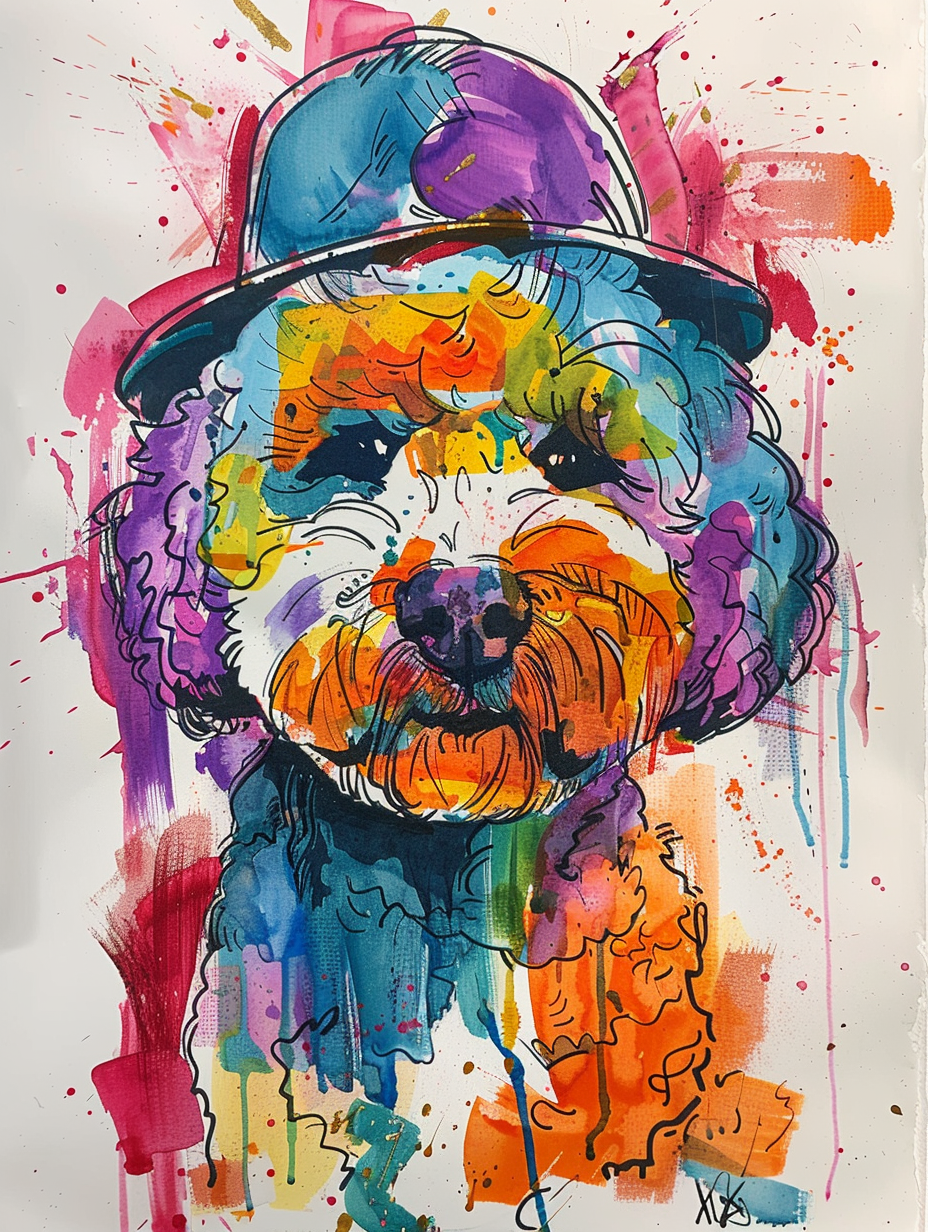 Colorful space Poodle dog with a hat Expressive surreal Poster # F025639