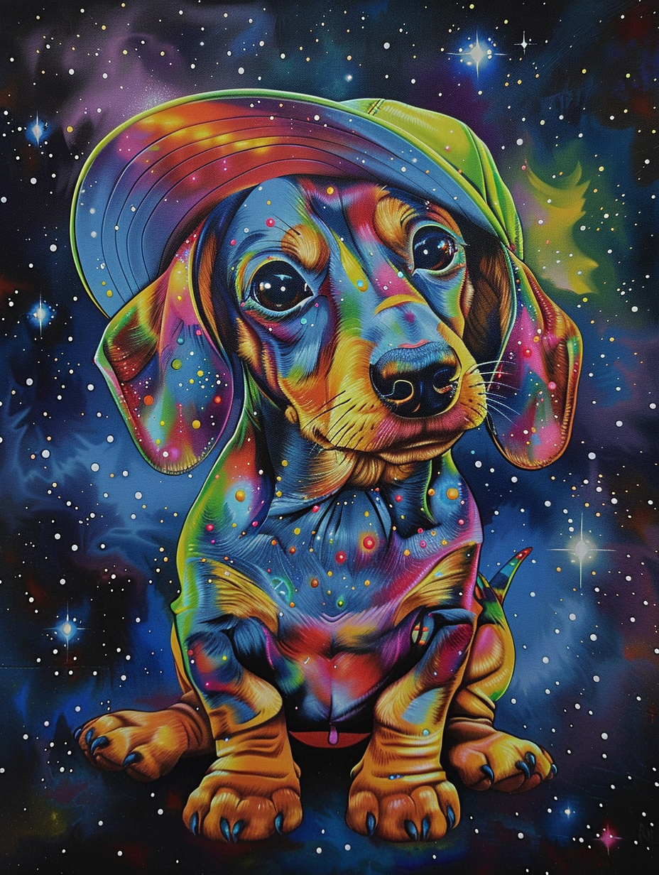 Colorful space Dachshund dog with a hat - Expressive surreal Poster # F025442