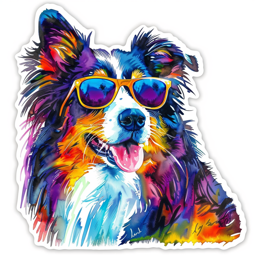 Border Collie Dog wearing sunglasses Expressive surreal Vinyl Decal Sticker for Car, Laptop, Tumbler and more # F021684-4" x 4"