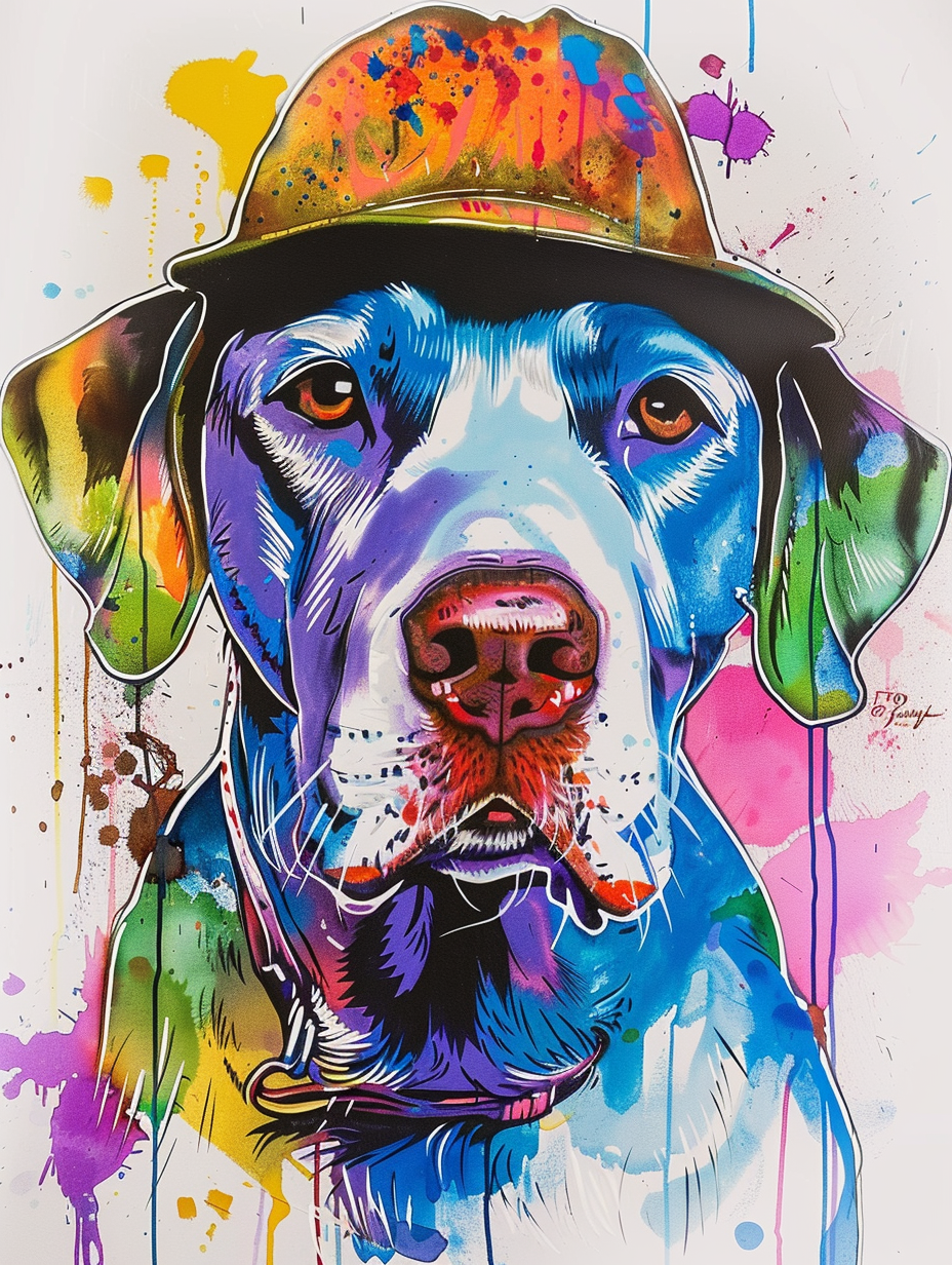 colorful space Labrador Retriever dog with a hat Expressive surreal Poster # F025402