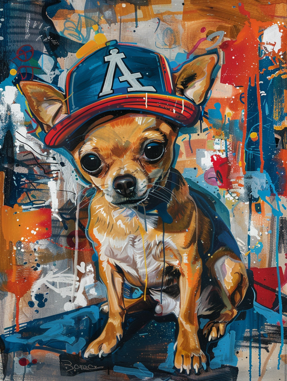 Colorful space Chihuahua dog with a hat Expressive surreal Poster # F024599