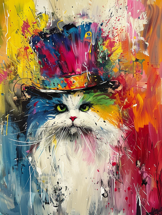 Colorful space Persian cat with a hat Expressive surreal Poster # F024602