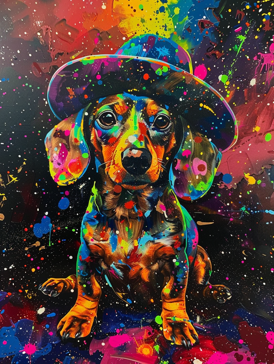 Colorful space Dachshund dog with a hat Expressive surreal Poster # F024510