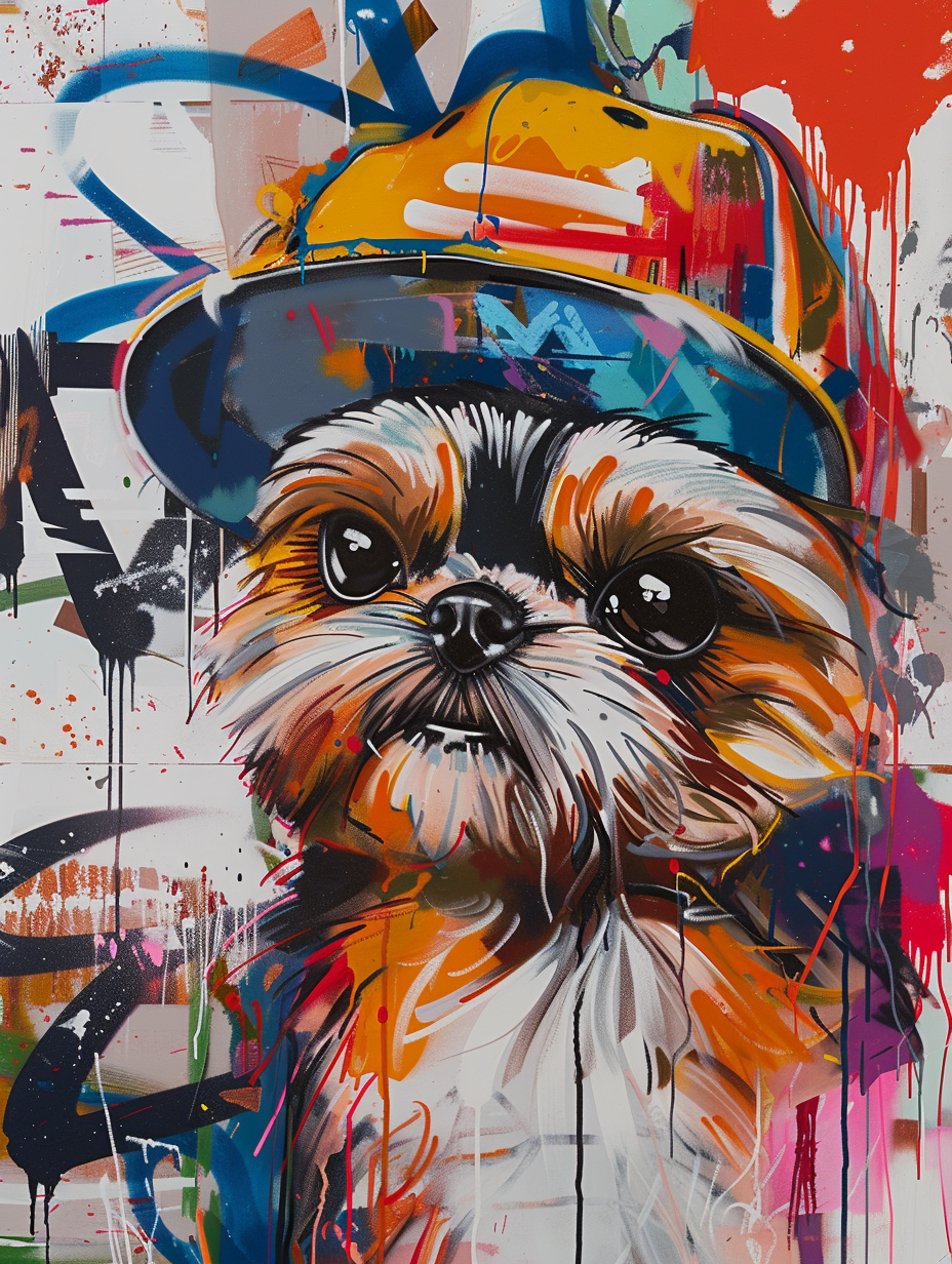 Colorful space Shih Tzu dog with a hat Expressive surreal Poster # F025091