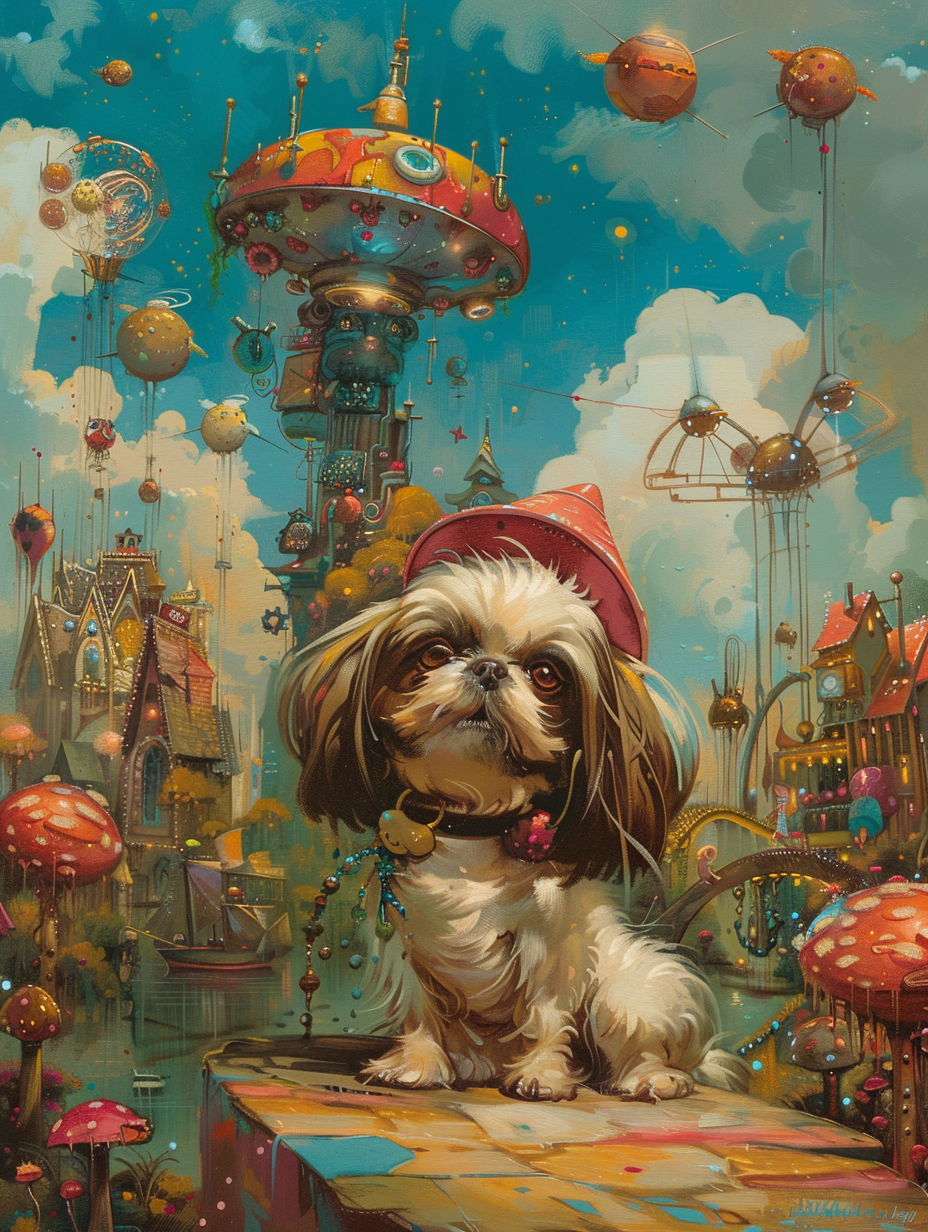 Colorful space Shih Tzu dog with a hat Expressive surreal Poster # F025463
