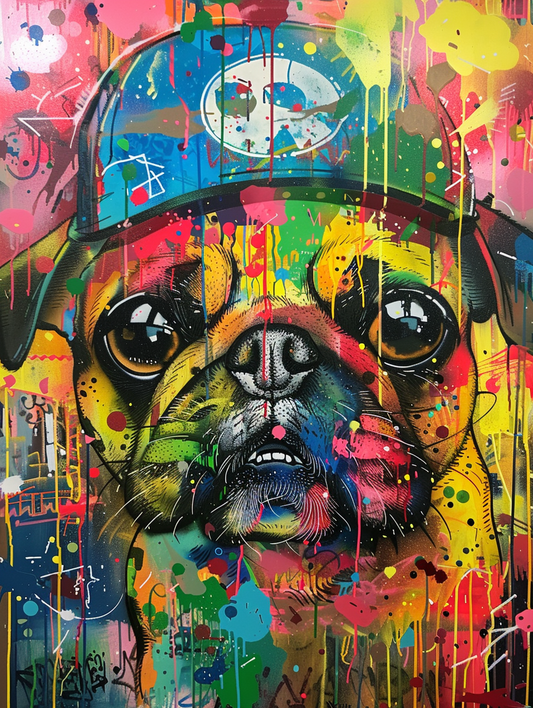 Colorful space Pug dog with a hat by Hebru Brantle Expressive surreal Poster # F024425