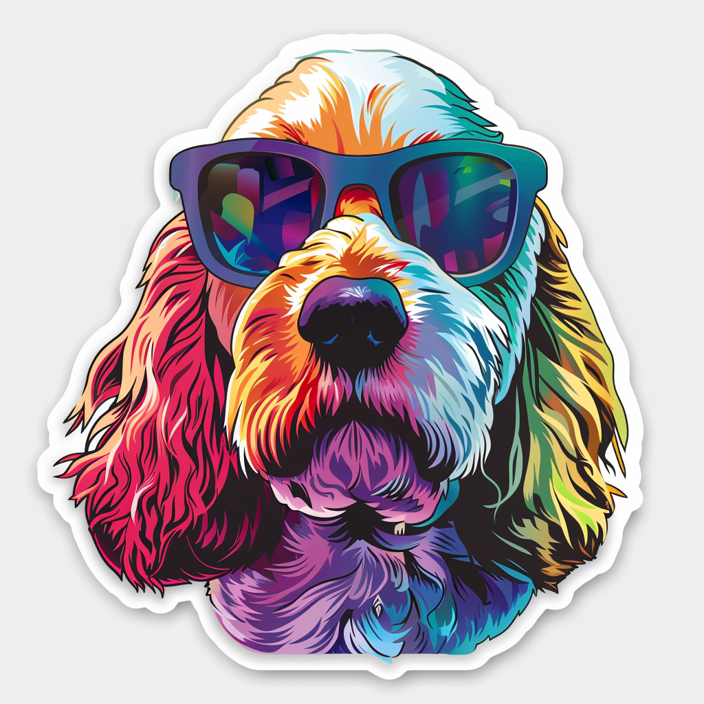 Sticker of a Cocker Spaniel Dog wearing sunglasses Expressive surreal Vinyl Decal Sticker for Car, Laptop, Tumbler and more # F020153