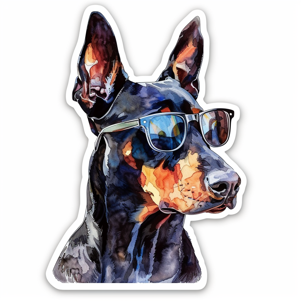 Sticker of a Doberman Pinscher Dog wearing sunglasses Expressive surreal Vinyl Decal Sticker for Car, Laptop, Tumbler and more # F019186